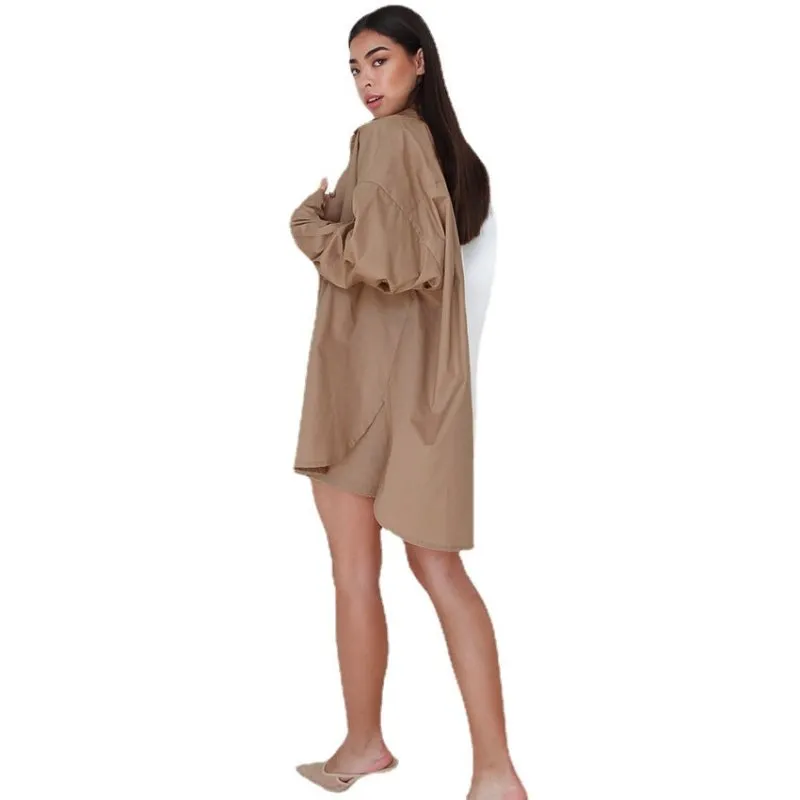 European And American Style Contrast Color Long Sleeved Shirt Shorts Two Piece Cotton Linen Casual Fashion Suit