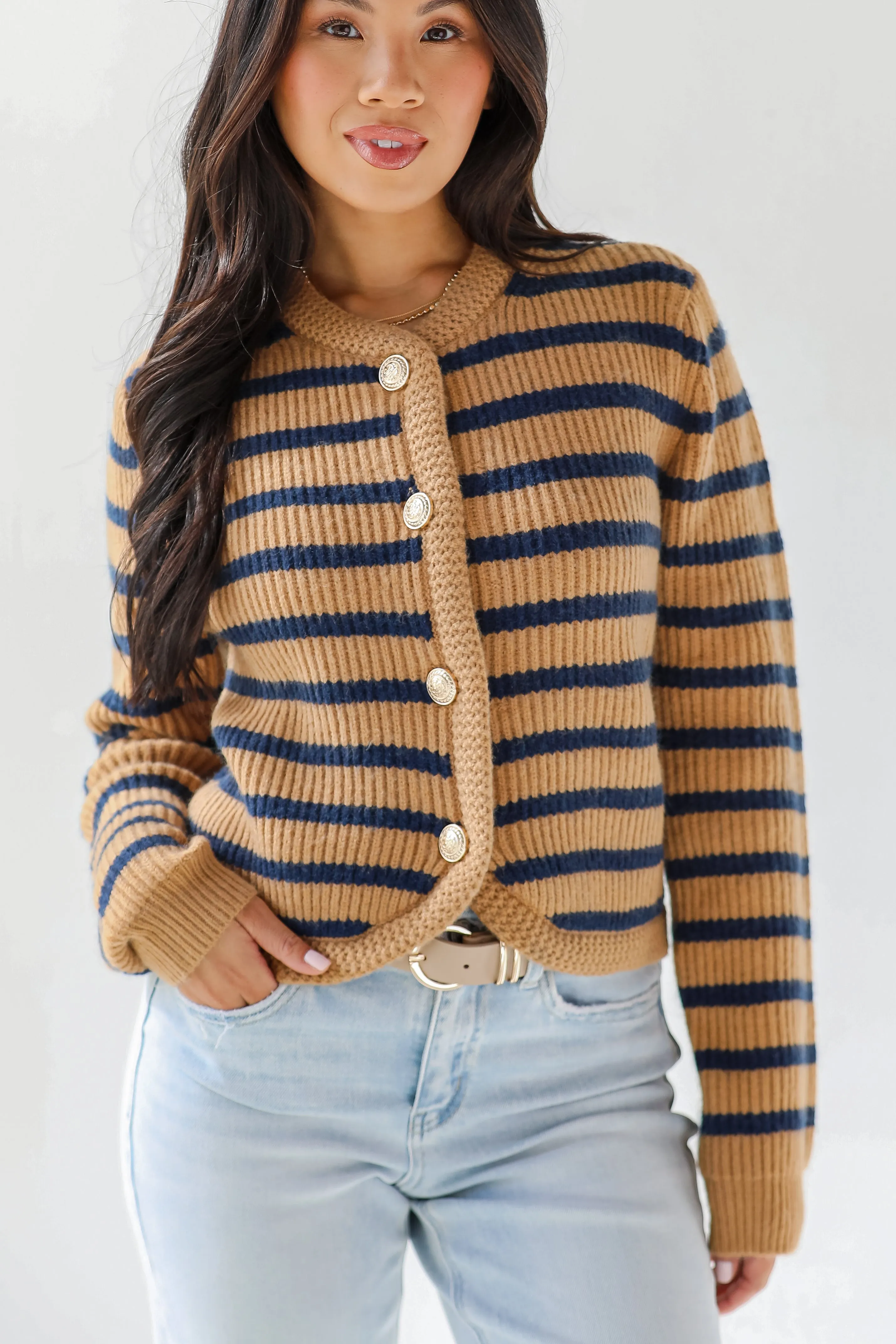 FINAL SALE - Chicest Option Camel Striped Sweater Cardigan