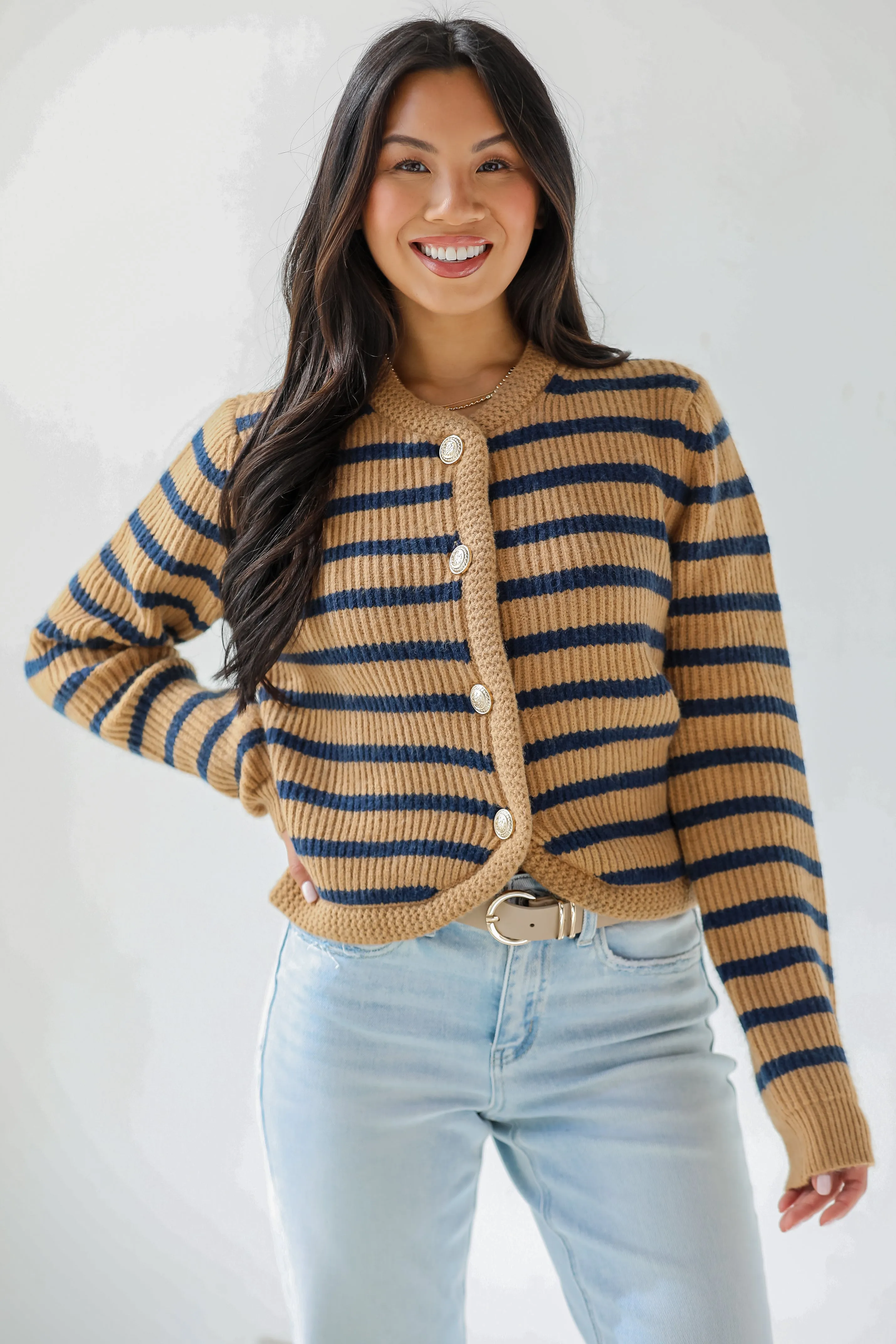 FINAL SALE - Chicest Option Camel Striped Sweater Cardigan
