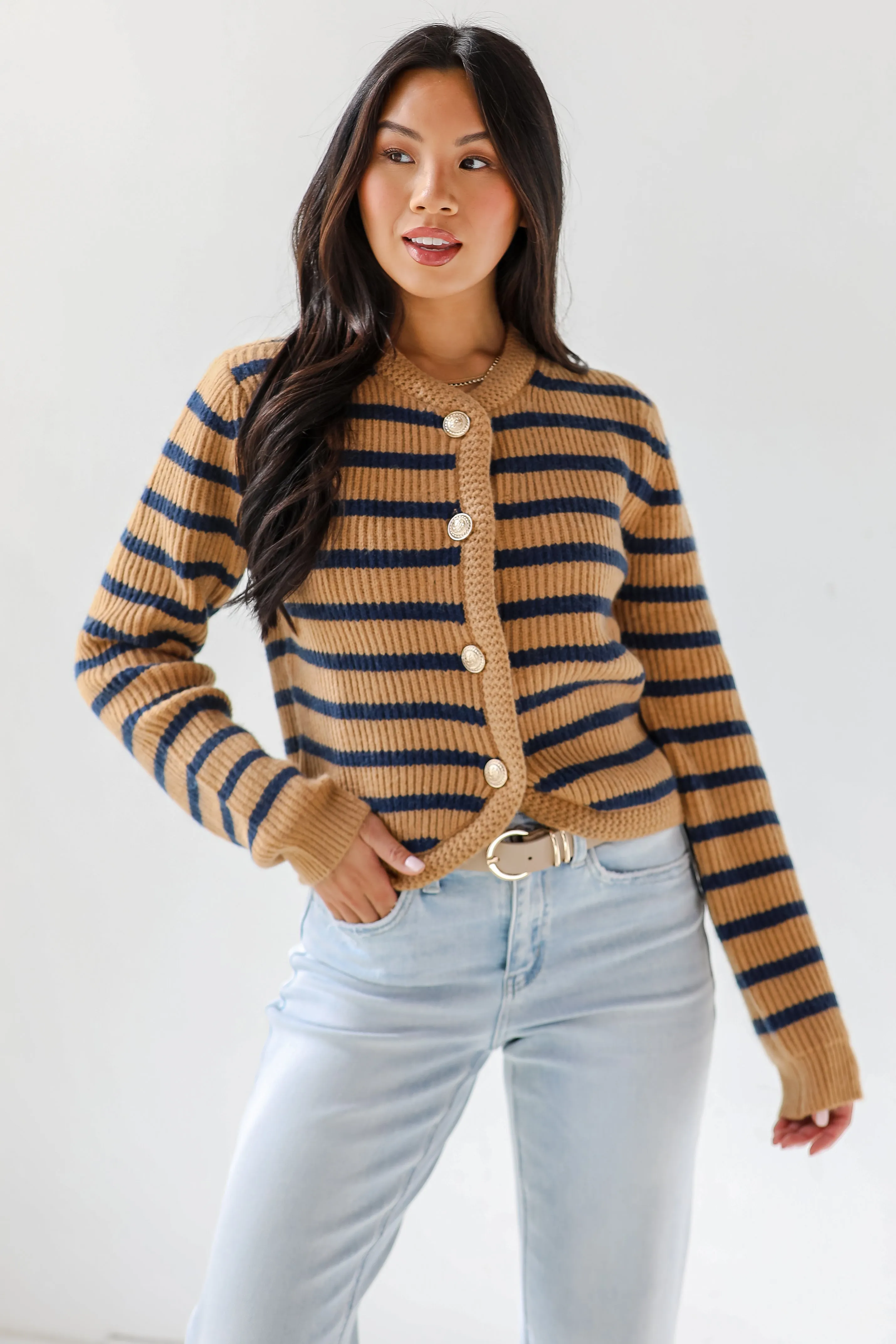 FINAL SALE - Chicest Option Camel Striped Sweater Cardigan