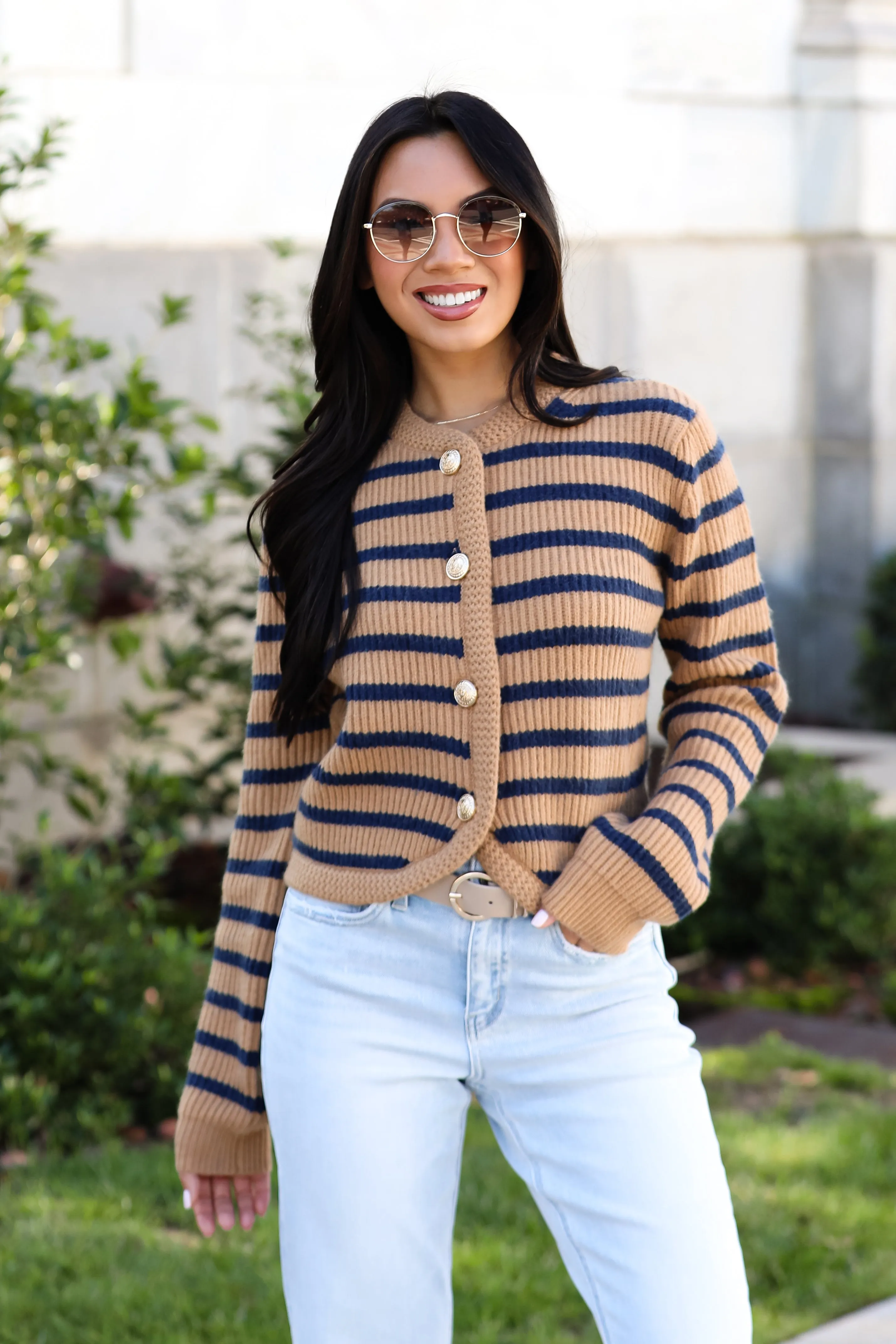 FINAL SALE - Chicest Option Camel Striped Sweater Cardigan