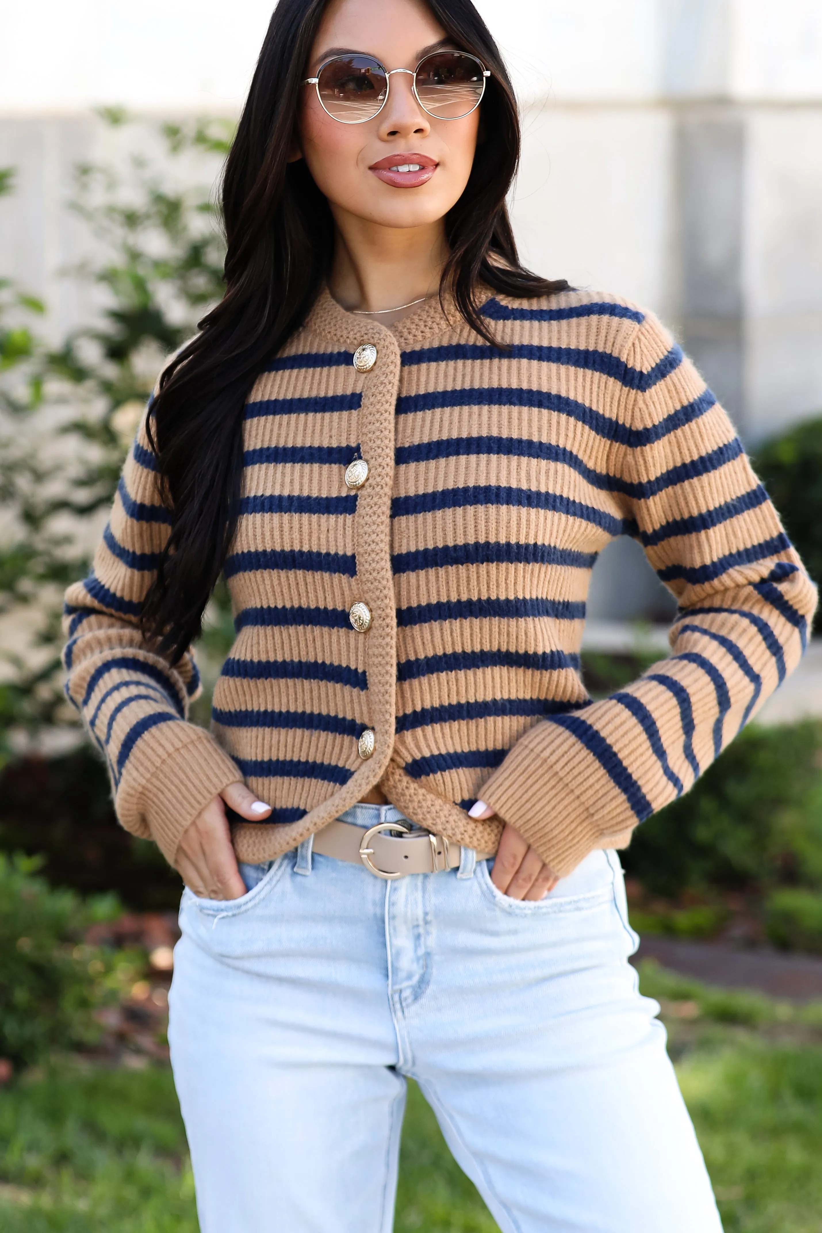 FINAL SALE - Chicest Option Camel Striped Sweater Cardigan