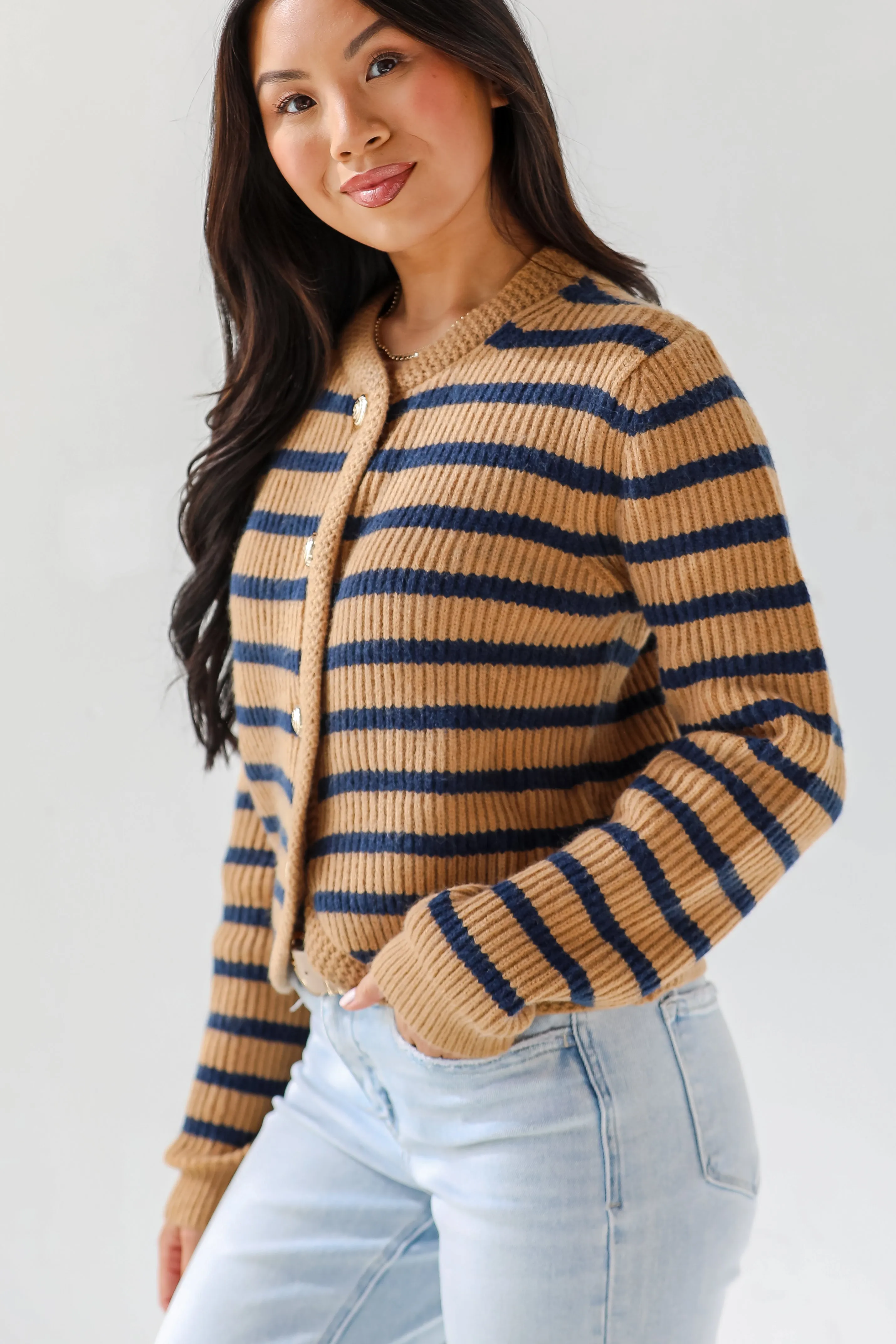 FINAL SALE - Chicest Option Camel Striped Sweater Cardigan
