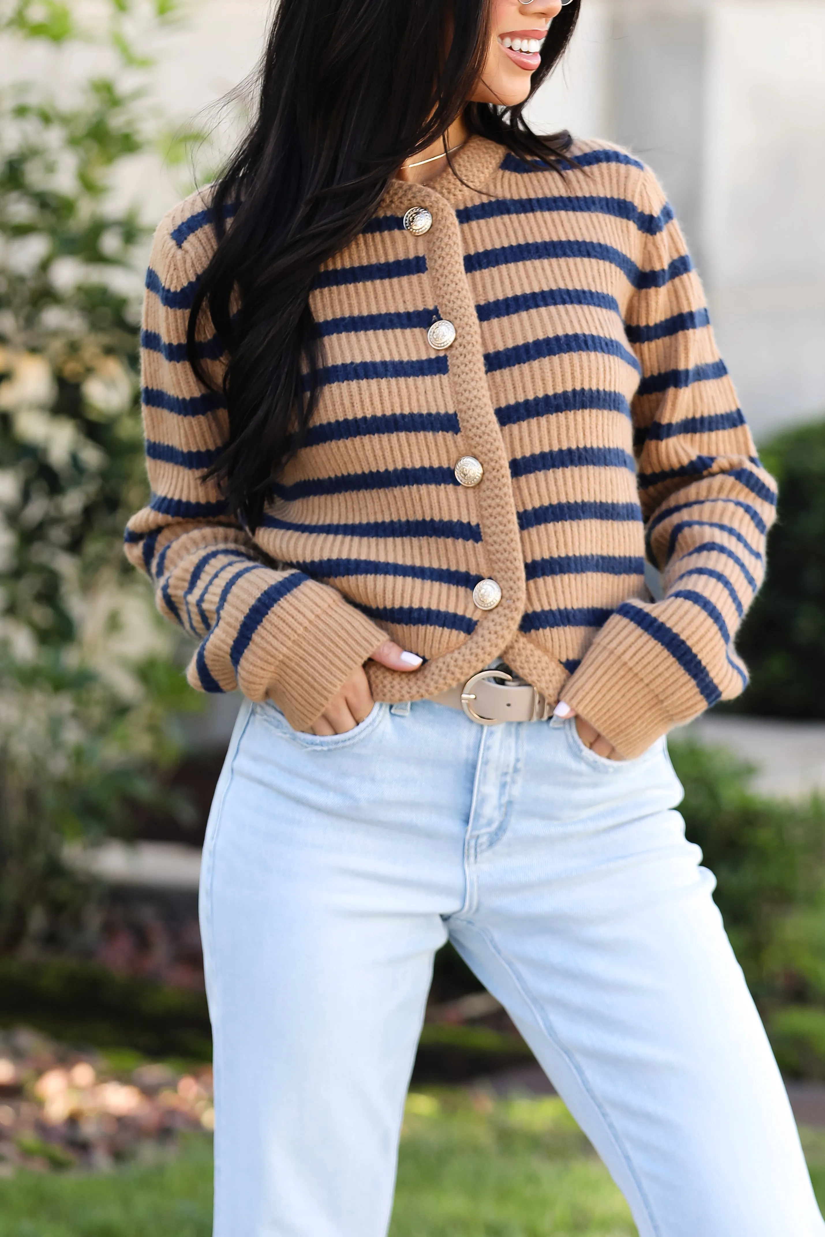 FINAL SALE - Chicest Option Camel Striped Sweater Cardigan