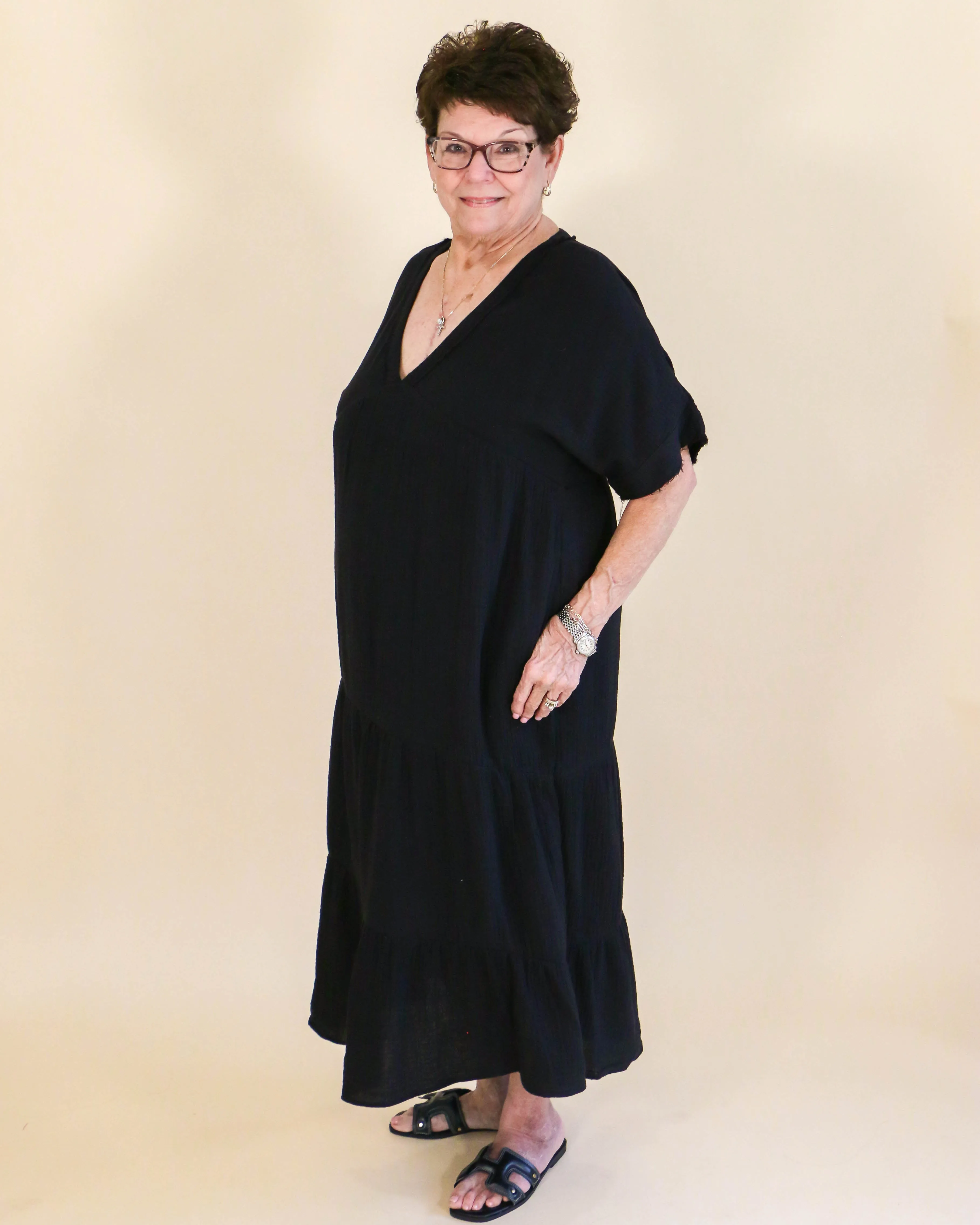 Frayed Detail Soft Crinkle Gauze Midi Dress