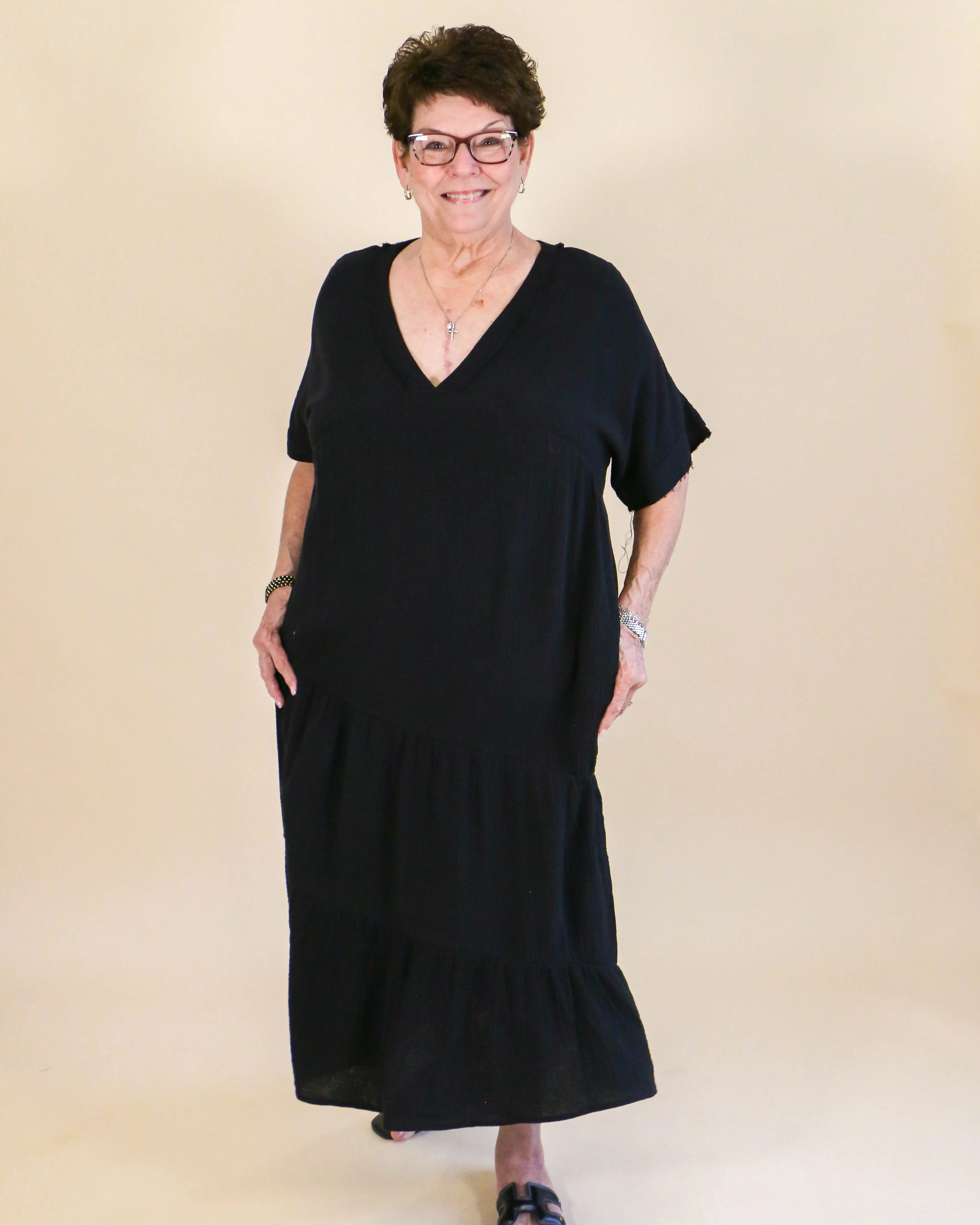 Frayed Detail Soft Crinkle Gauze Midi Dress