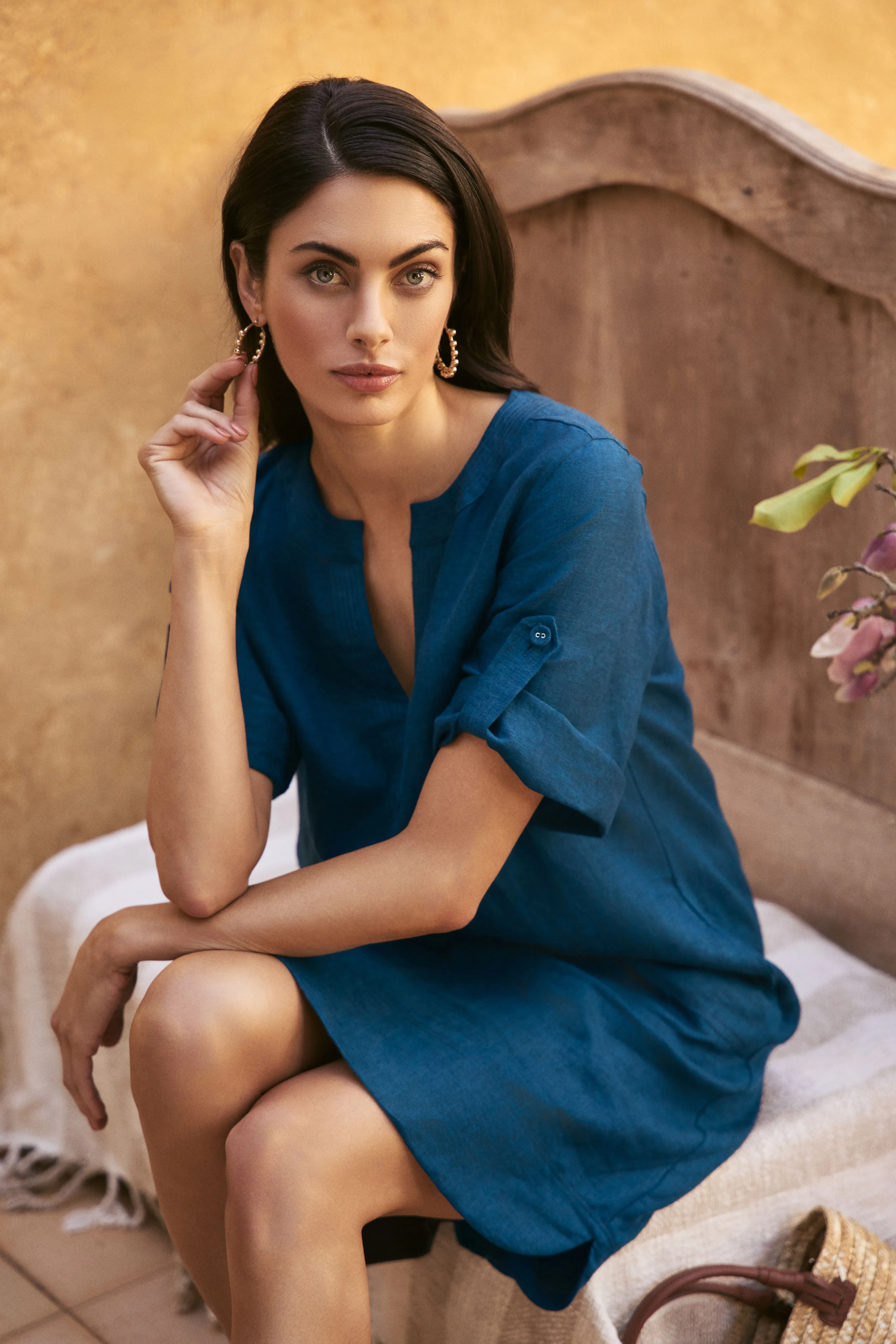 French Linen Shift Dress - Navy Delave