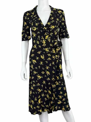 GANNI Dress Black Floral Print Wrap Dress Size S