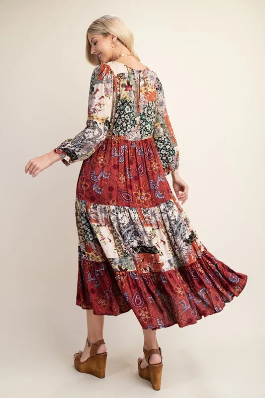 Gigio Boho Mixed Flower Print Midi Dress - Marsala