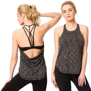 Gray Strappy Yoga Tank with Drape back - Built in Bra with Removable Cups
