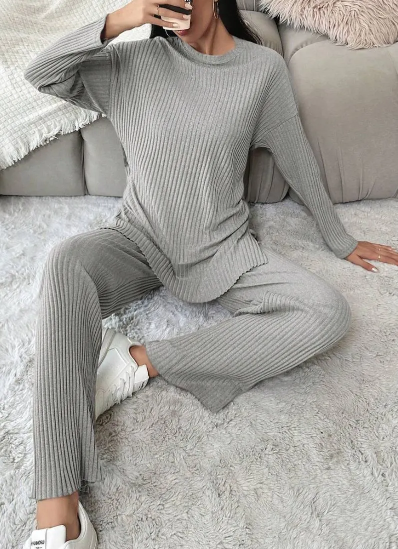 Grey Cotton Ribbed Co-Ord Set