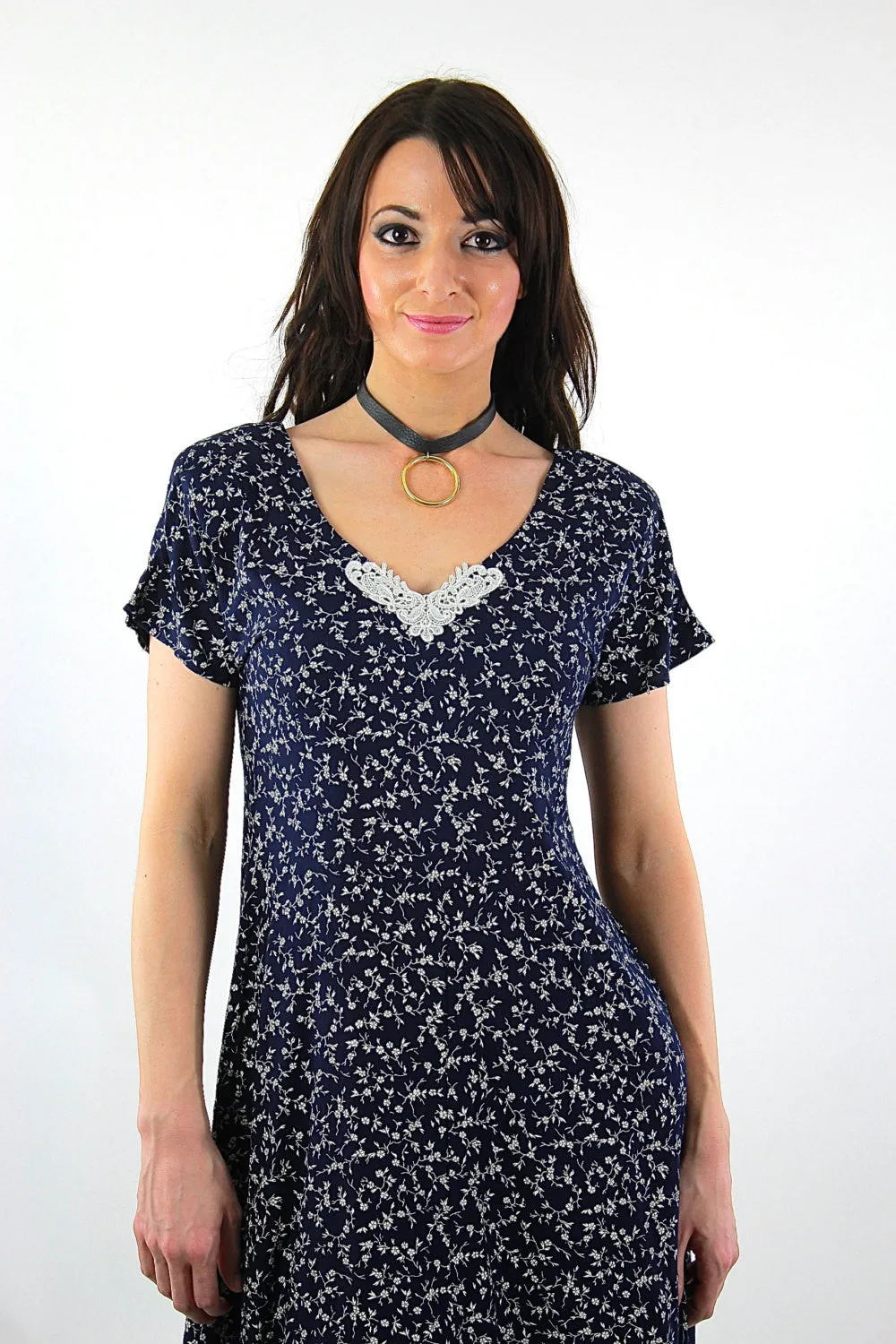 Grunge Floral Midi Dress Vintage 1990s Navy blue ditsy short sleeve scoop neck boho Hippie sundress Medium