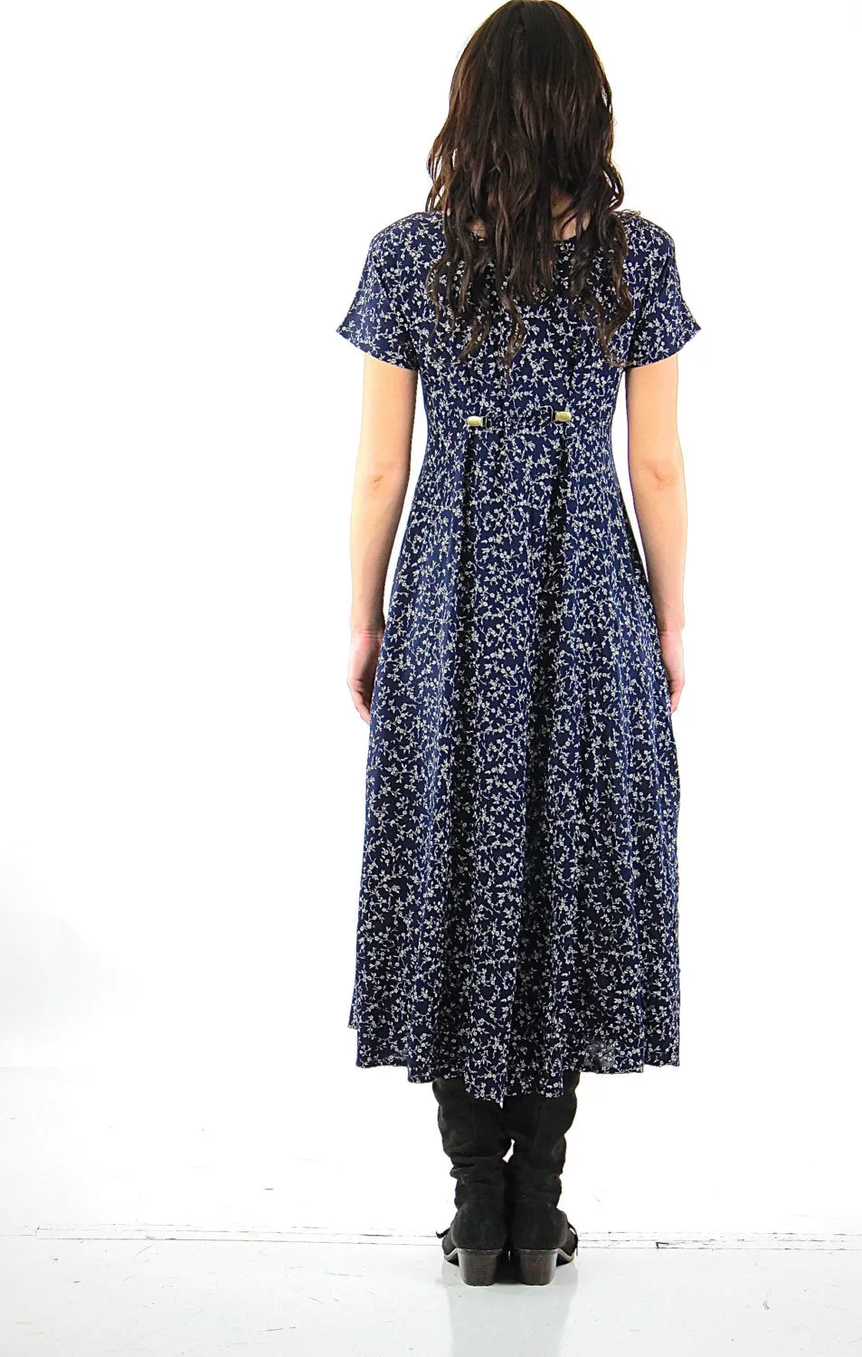 Grunge Floral Midi Dress Vintage 1990s Navy blue ditsy short sleeve scoop neck boho Hippie sundress Medium