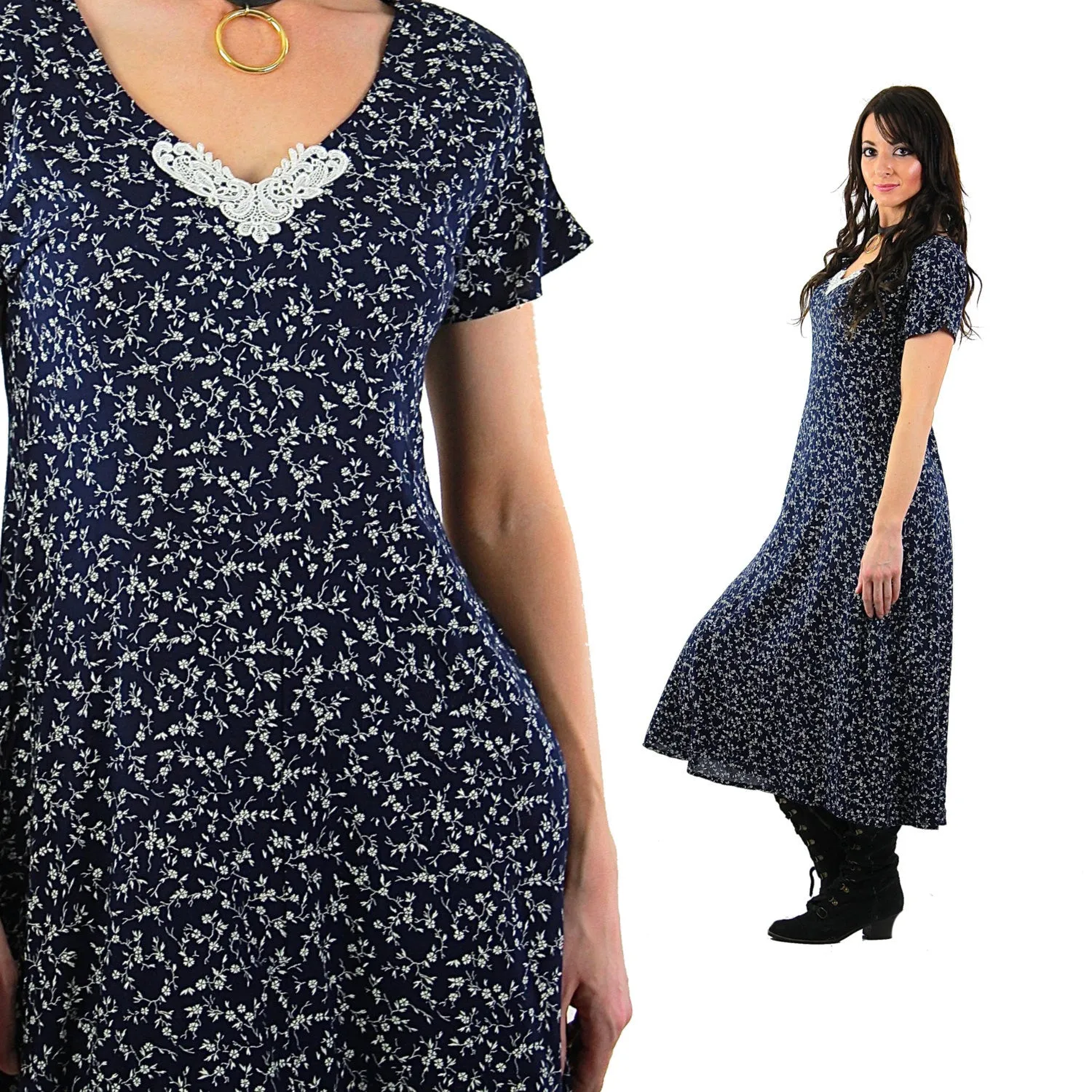 Grunge Floral Midi Dress Vintage 1990s Navy blue ditsy short sleeve scoop neck boho Hippie sundress Medium