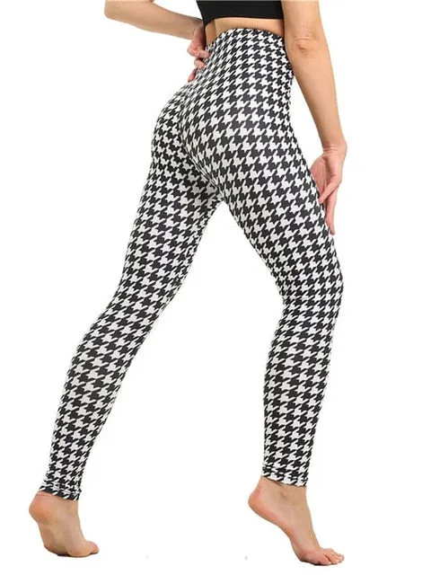 High Waist Leggings Pants Fitness Graffiti Women Fashion Houndstooth Push Up Running Elastic Trousers Stripe Dot Bottom