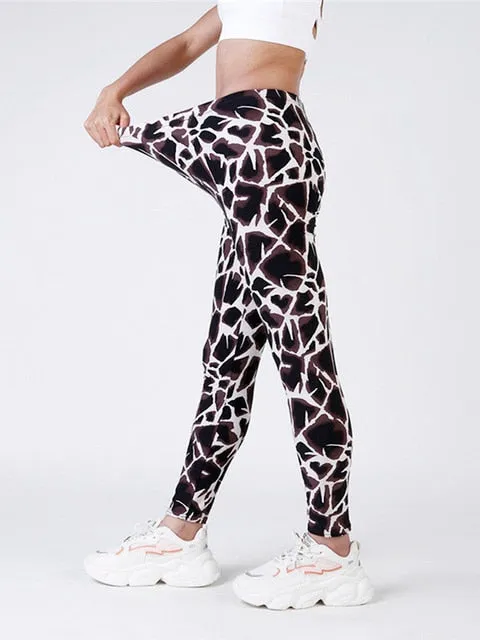 High Waist Leggings Pants Fitness Graffiti Women Fashion Houndstooth Push Up Running Elastic Trousers Stripe Dot Bottom