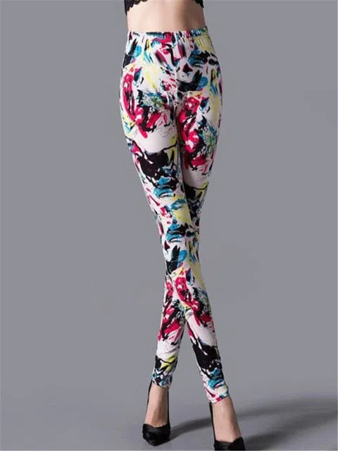 High Waist Leggings Pants Fitness Graffiti Women Fashion Houndstooth Push Up Running Elastic Trousers Stripe Dot Bottom