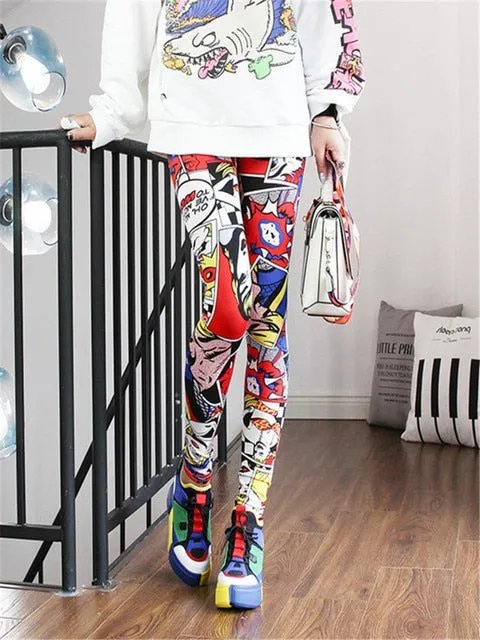 High Waist Leggings Pants Fitness Graffiti Women Fashion Houndstooth Push Up Running Elastic Trousers Stripe Dot Bottom