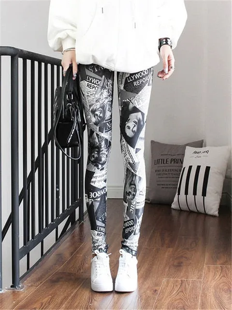 High Waist Leggings Pants Fitness Graffiti Women Fashion Houndstooth Push Up Running Elastic Trousers Stripe Dot Bottom
