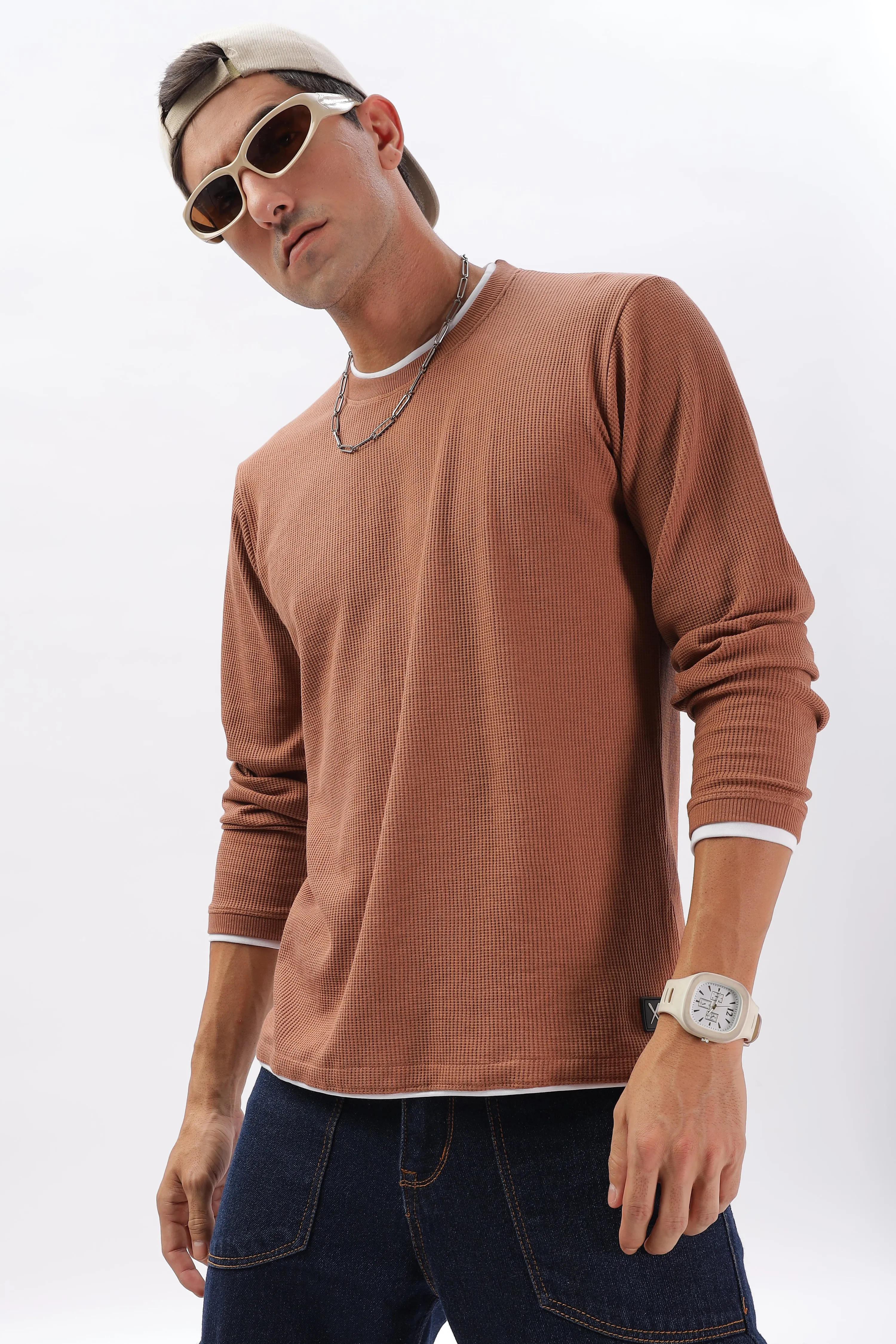 Knitted Full Sleeve T-Shirt: Orange