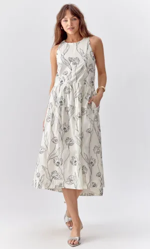 Leila Drop Waist Embroidered Midi Dress