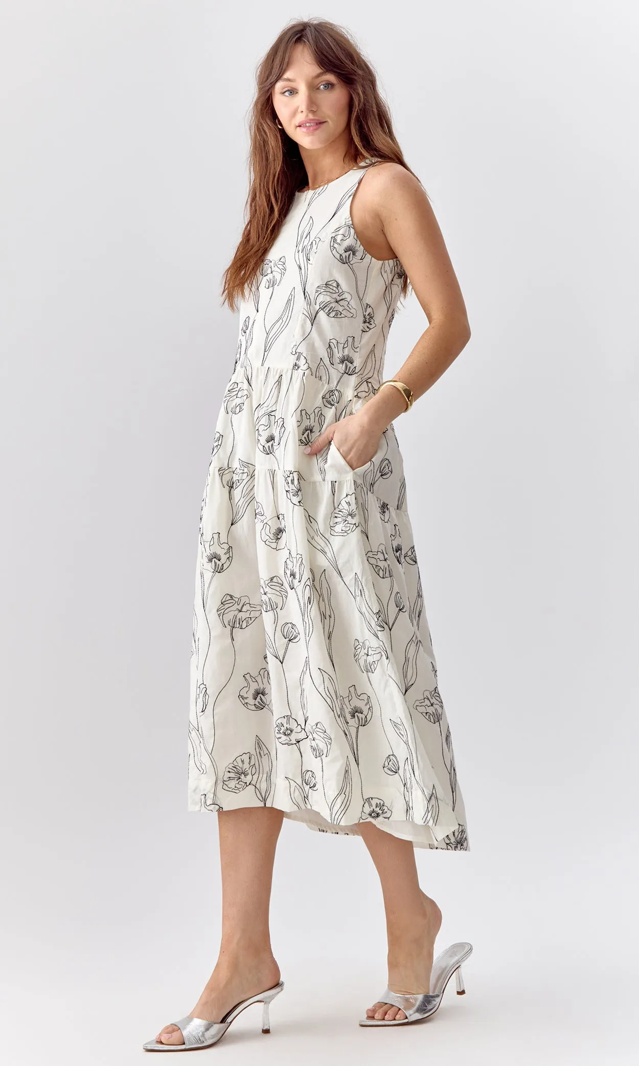 Leila Drop Waist Embroidered Midi Dress
