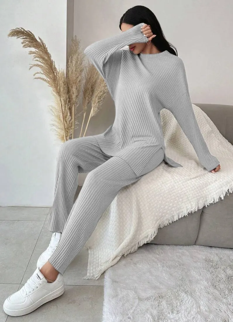 Light Grey Cotton Ribbed Co-Ord Set