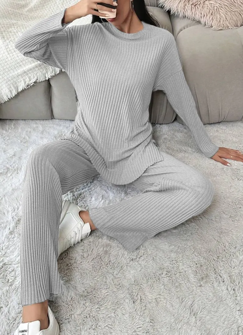 Light Grey Cotton Ribbed Co-Ord Set