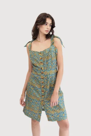 Margarita Sundress with Self Tie Straps - Blue Floral