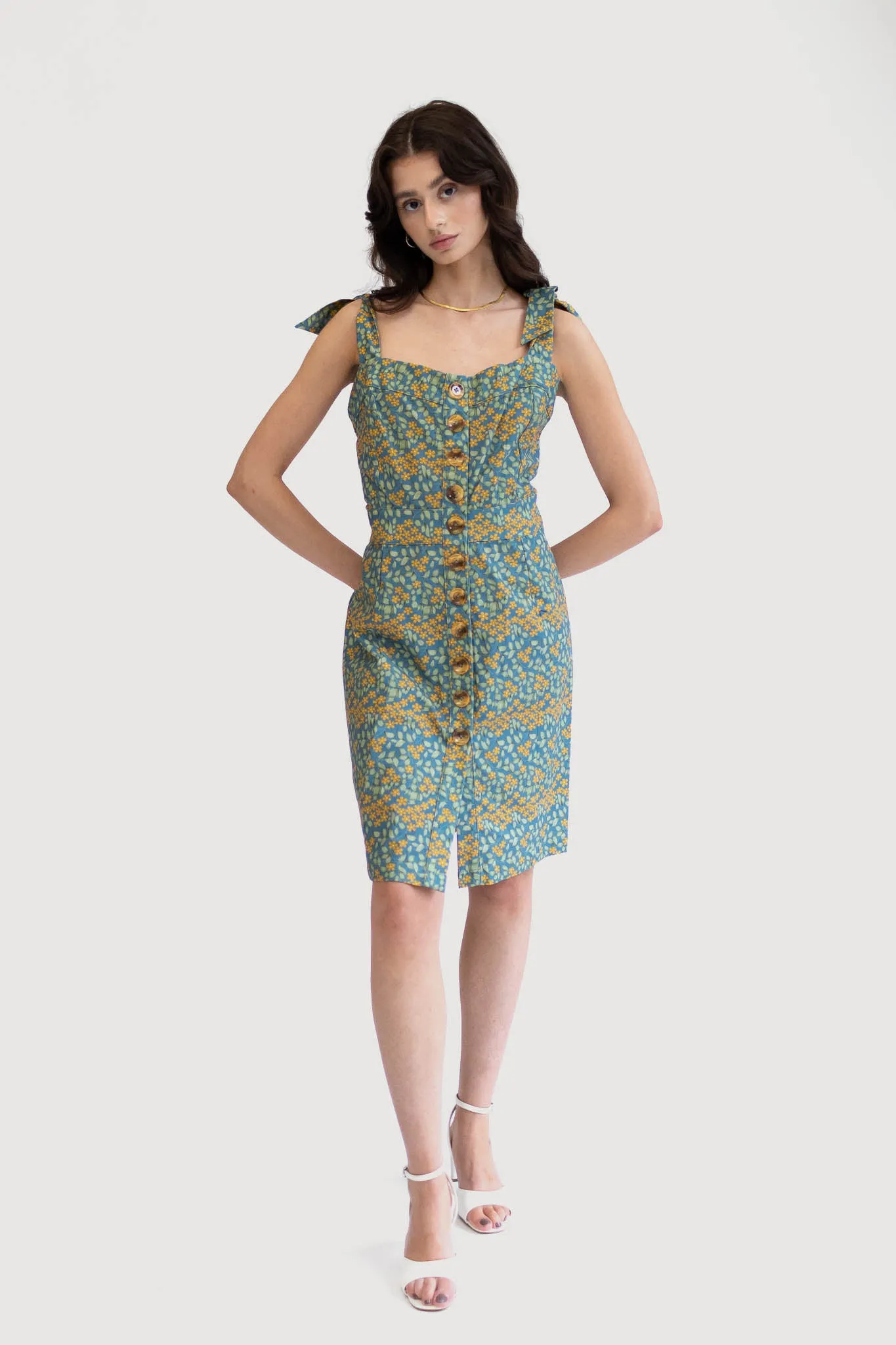 Margarita Sundress with Self Tie Straps - Blue Floral