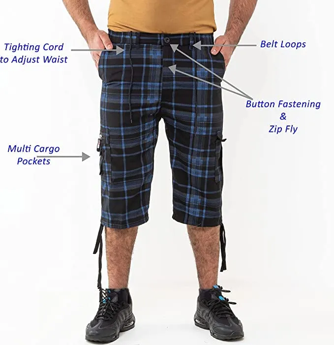 Mens Check Shorts 3/4 Length Casual Classic Fit Summer Shorts Elasticated Waist Cargo Combat Half Pants