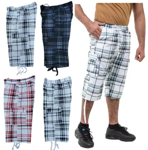 Mens Check Shorts 3/4 Length Casual Classic Fit Summer Shorts Elasticated Waist Cargo Combat Half Pants