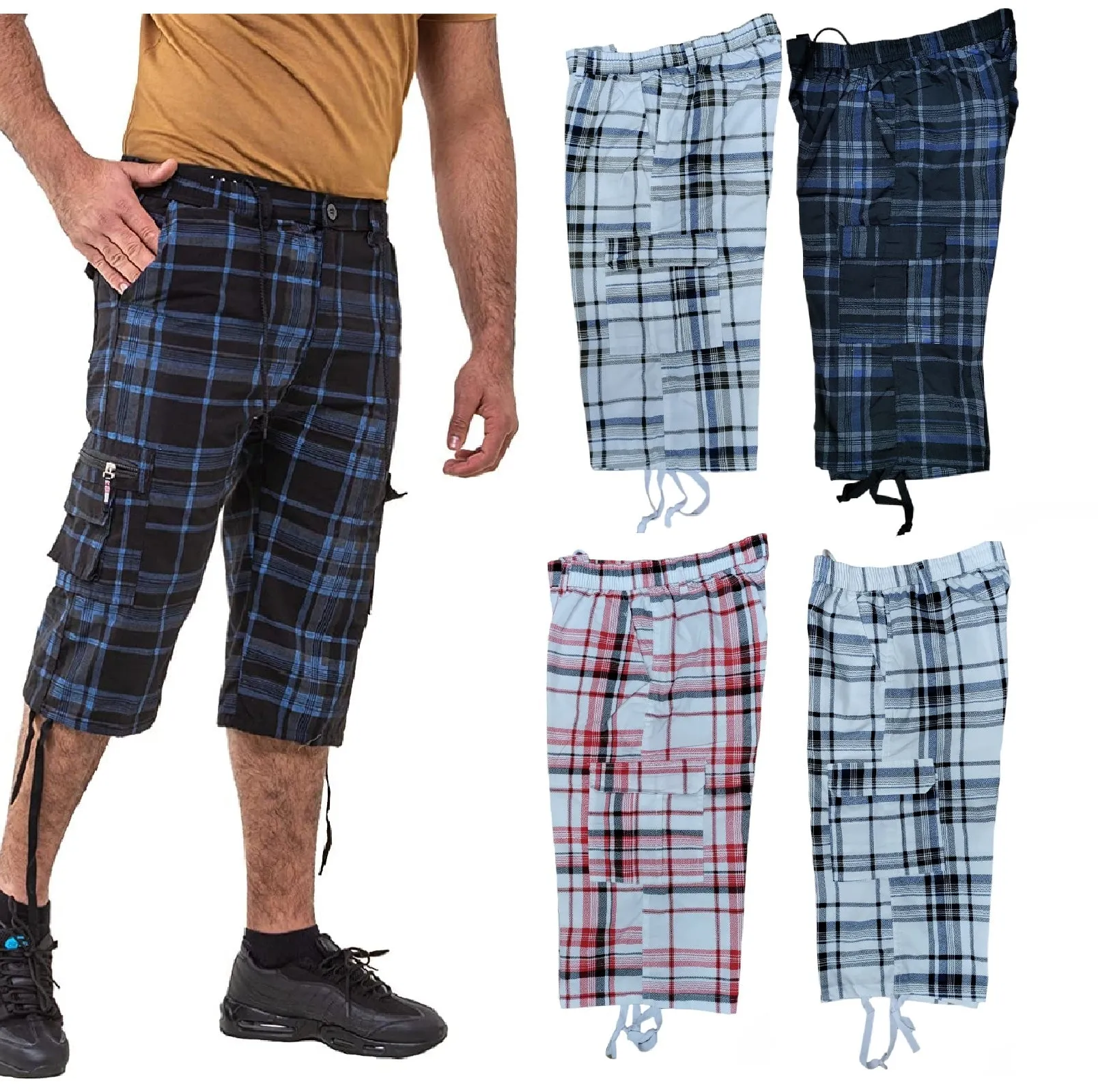 Mens Check Shorts 3/4 Length Casual Classic Fit Summer Shorts Elasticated Waist Cargo Combat Half Pants