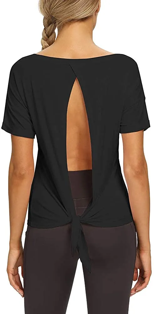 Mippo Womens Open Back Workout Yoga Shirts Sleeveless/Short Sleeve Tie Back Tops