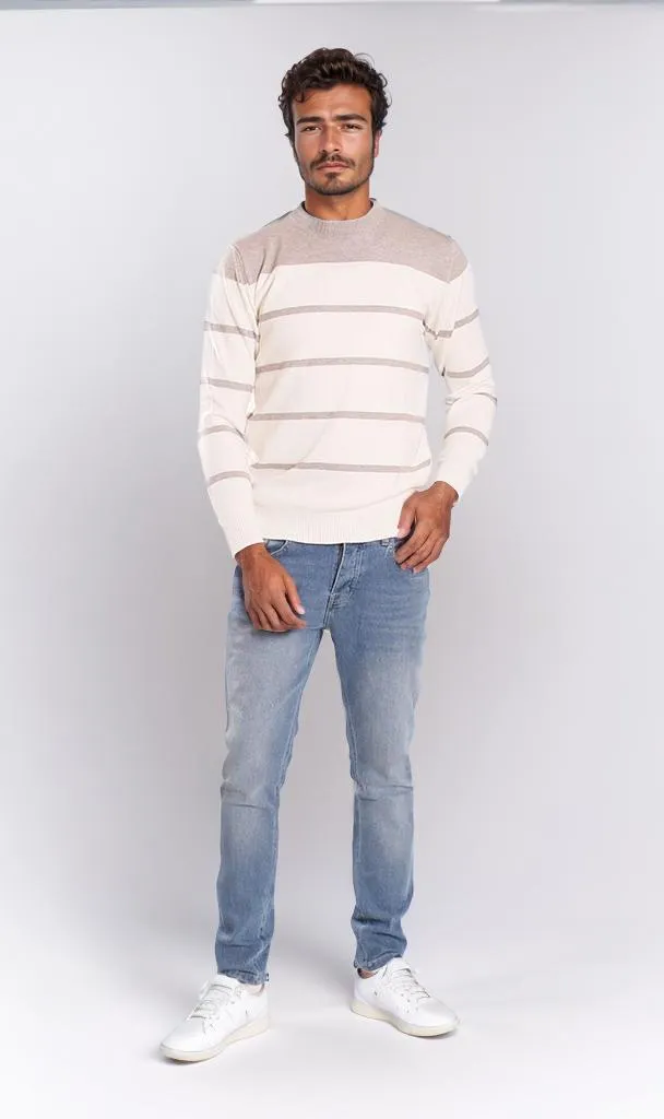 o201342-STRIPED KNIT SWEATER - WHITE & GREY
