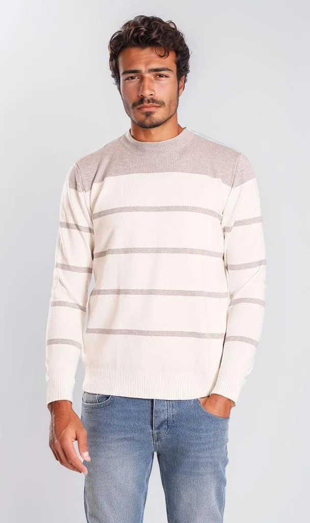 o201342-STRIPED KNIT SWEATER - WHITE & GREY
