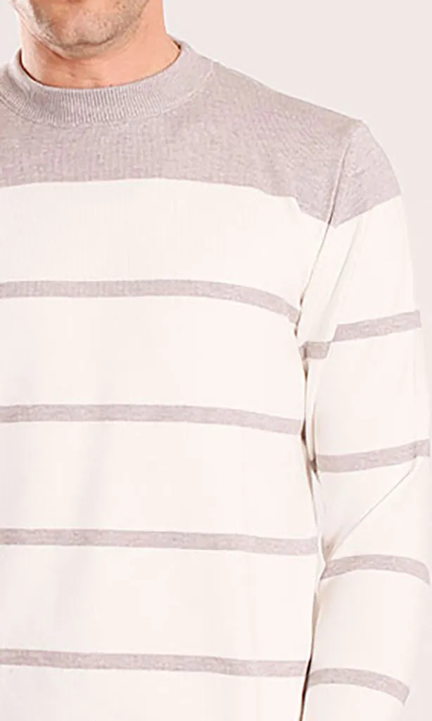 o201342-STRIPED KNIT SWEATER - WHITE & GREY