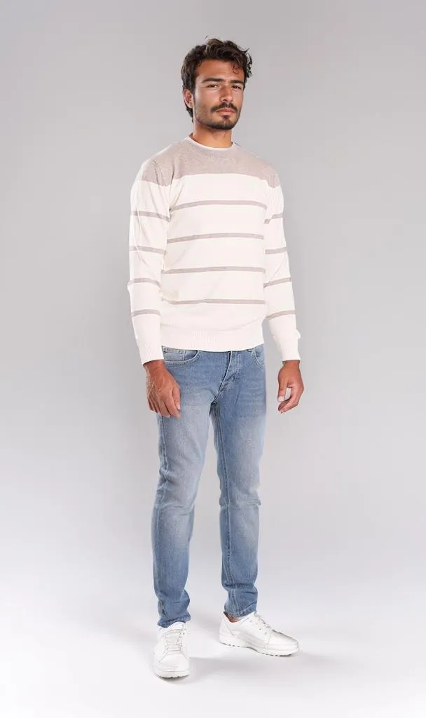 o201342-STRIPED KNIT SWEATER - WHITE & GREY