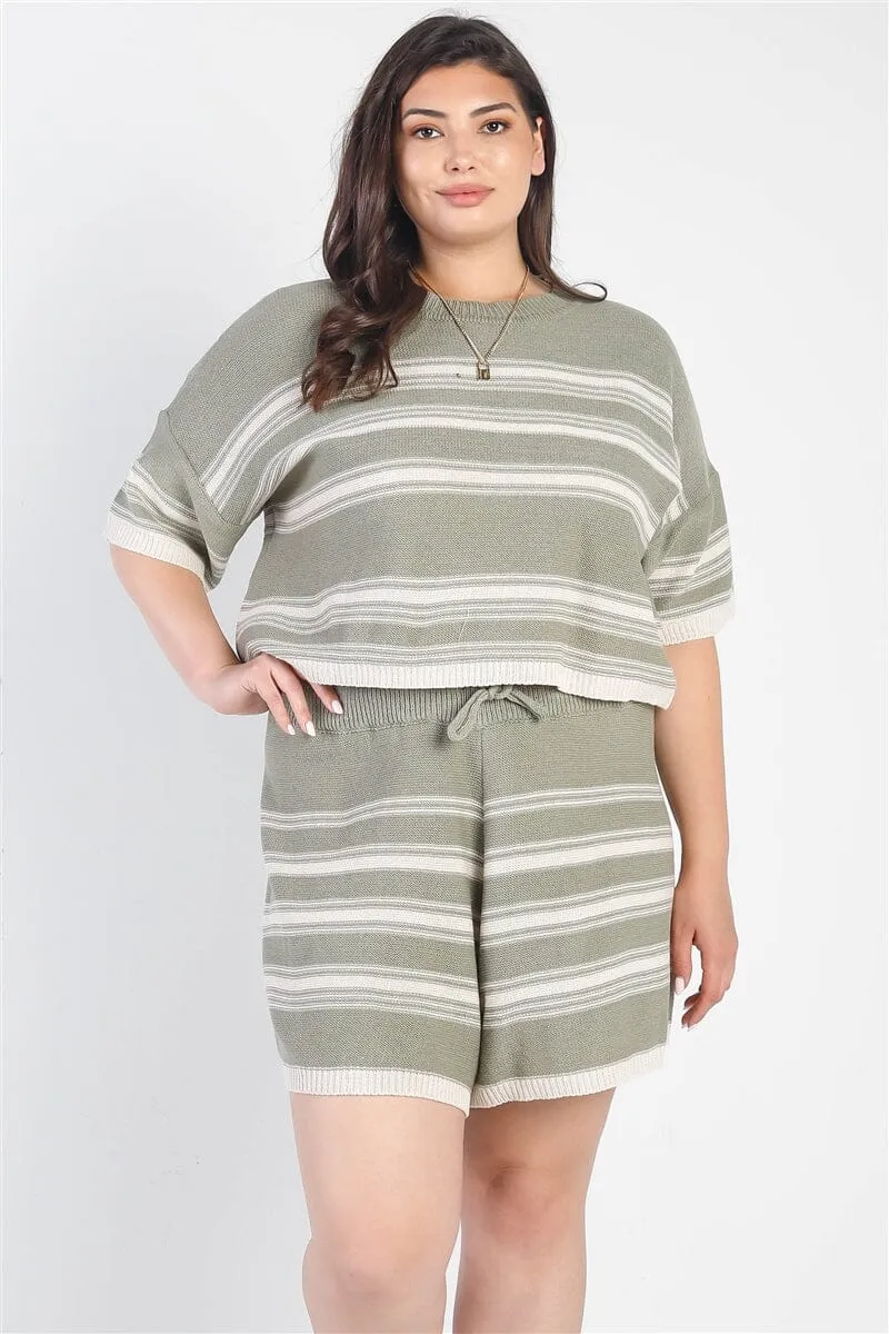 Plus Size Olive Green  Striped Knit Short Sleeve Crop Top High Waist Shorts Set