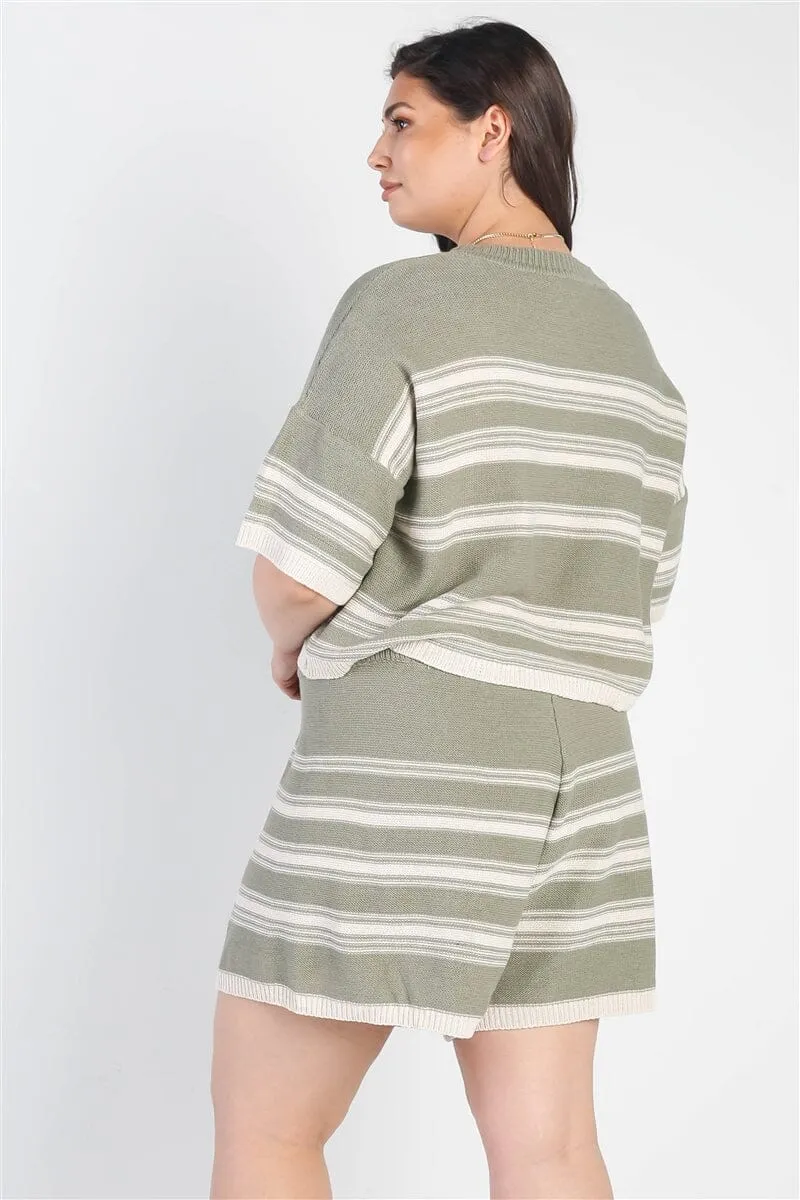 Plus Size Olive Green  Striped Knit Short Sleeve Crop Top High Waist Shorts Set