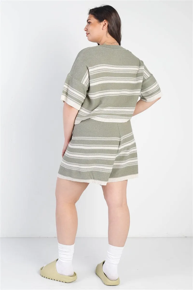 Plus Size Olive Green  Striped Knit Short Sleeve Crop Top High Waist Shorts Set