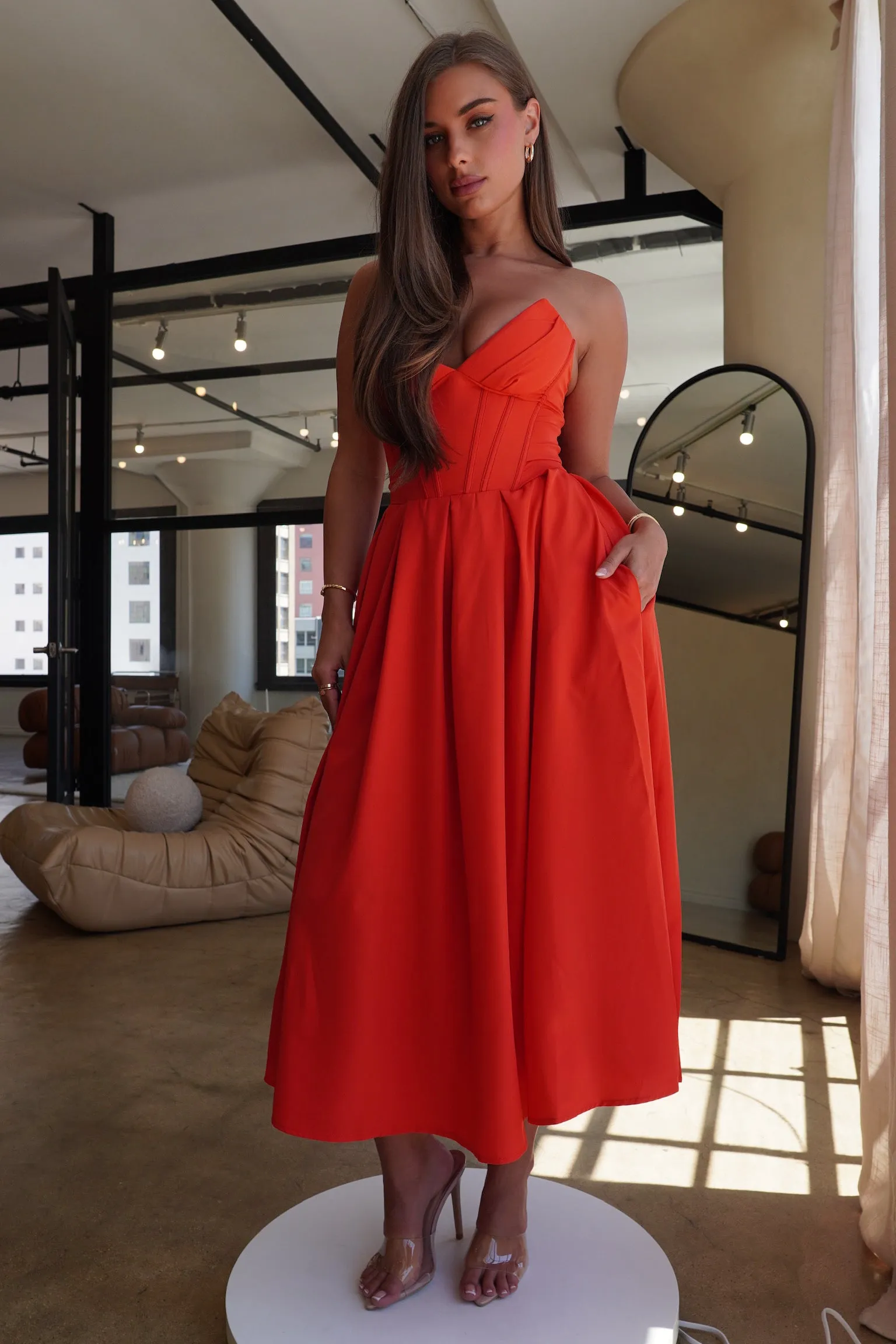 "Charlotte" Strapless Midi Dress - Red