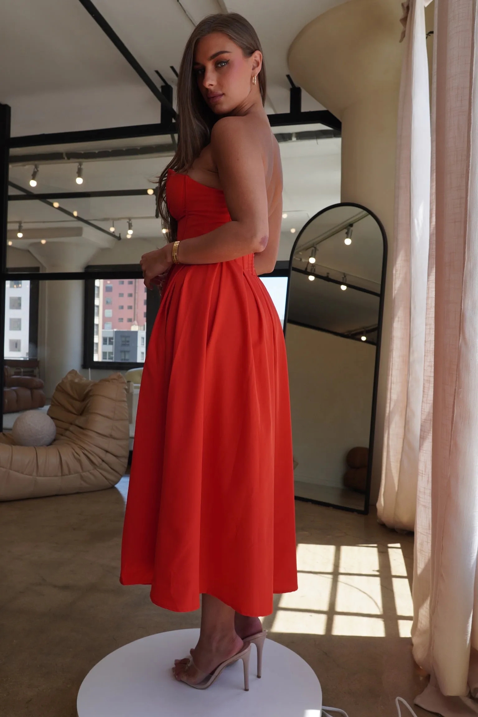 "Charlotte" Strapless Midi Dress - Red