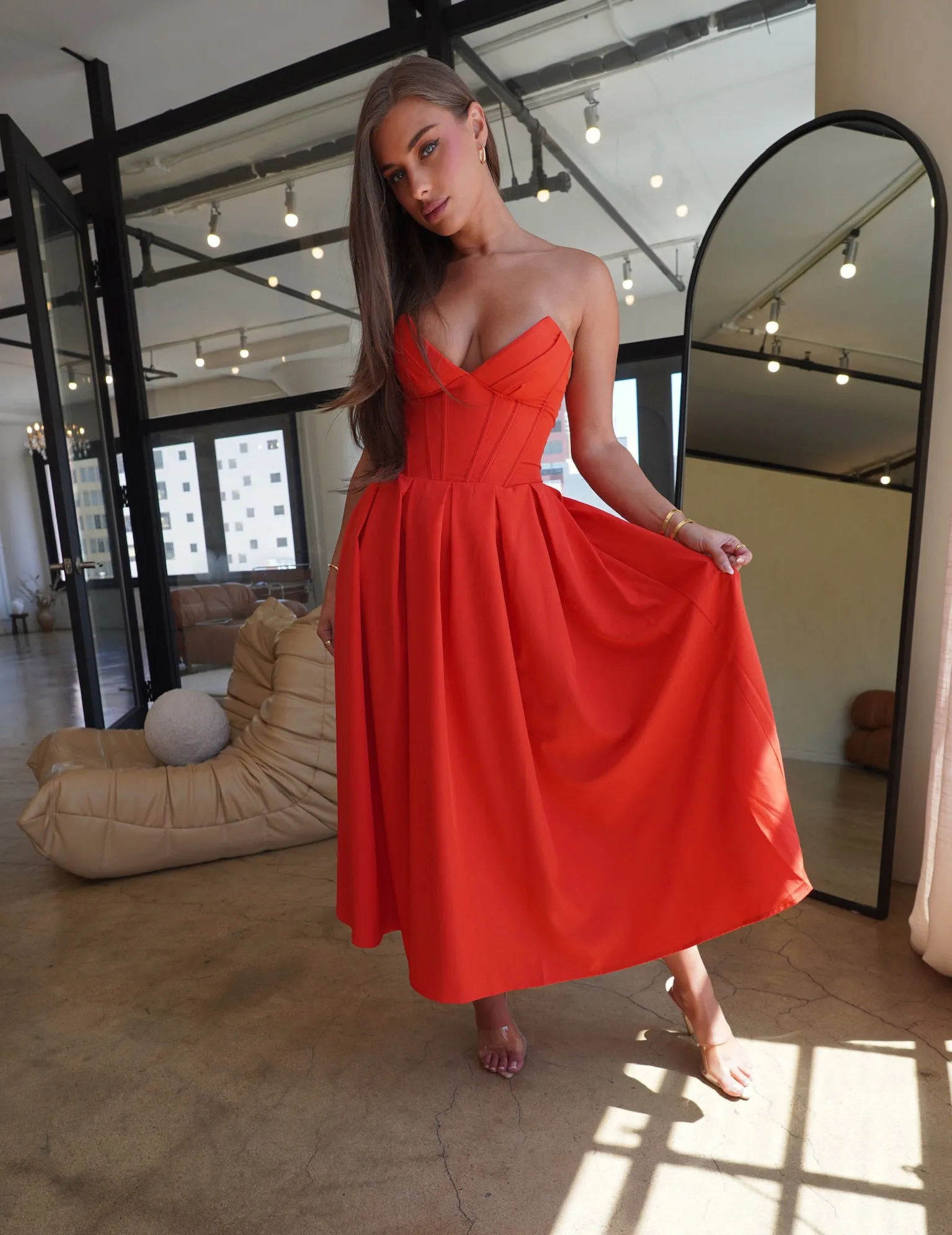 "Charlotte" Strapless Midi Dress - Red