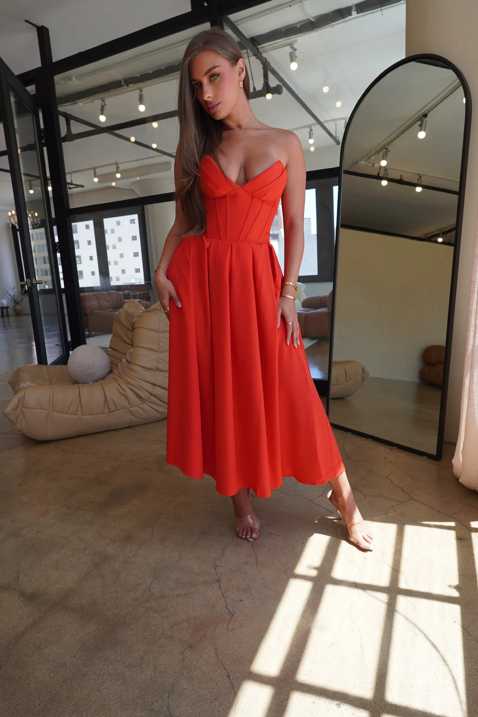 "Charlotte" Strapless Midi Dress - Red