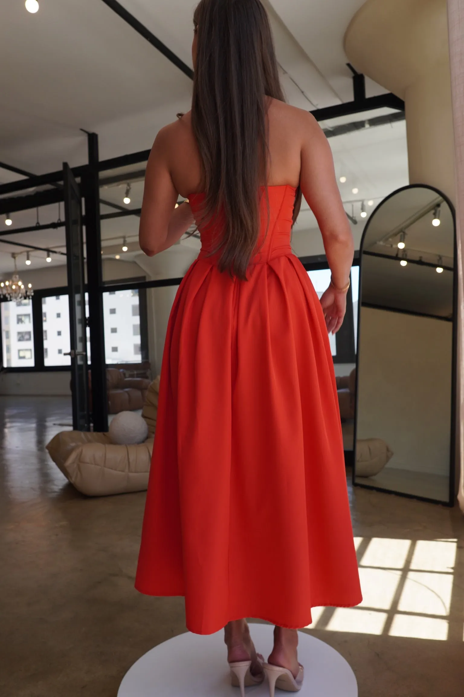 "Charlotte" Strapless Midi Dress - Red