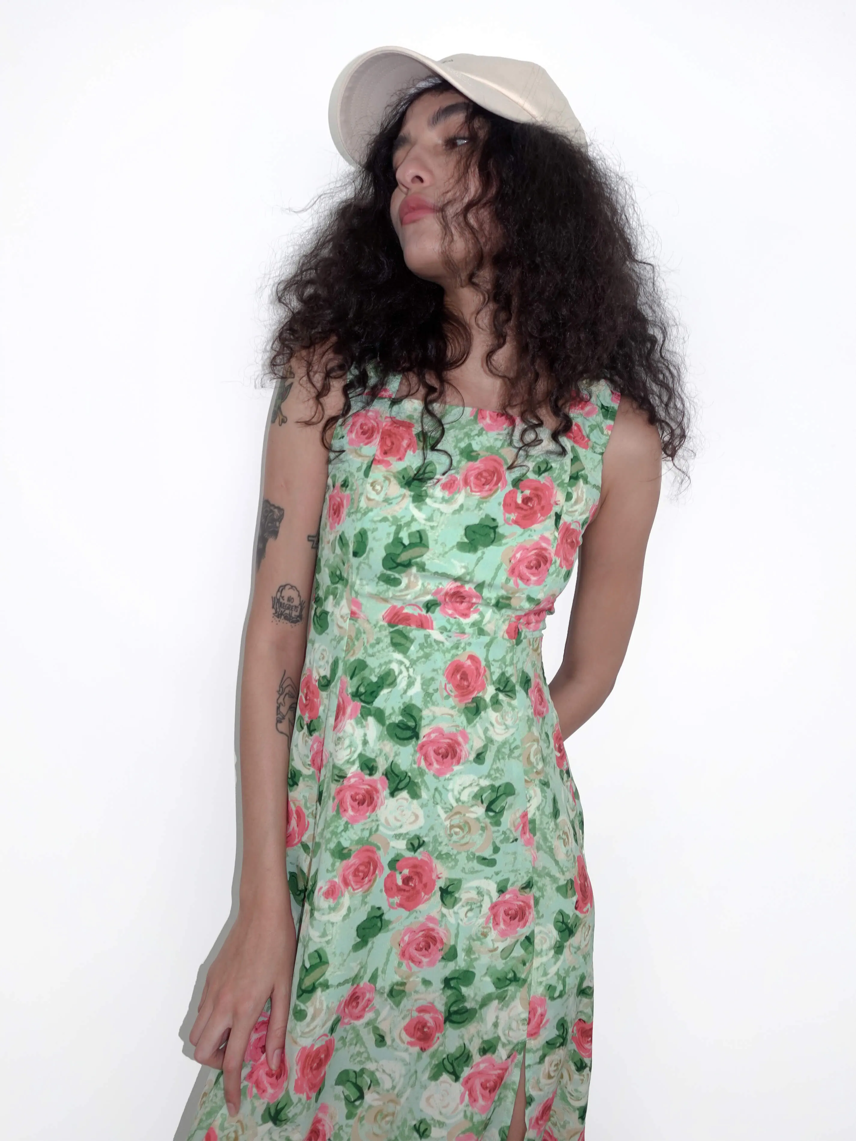 Rose Print Sleeveless Slit Dress