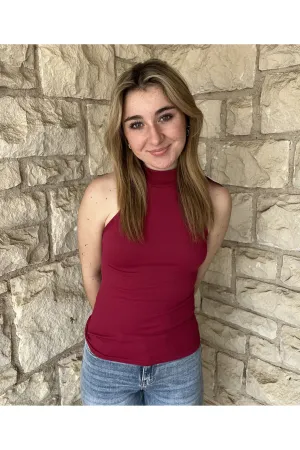 Scala Seamless Ribbed Sleeveless Turtleneck With Built In Bra In Magenta