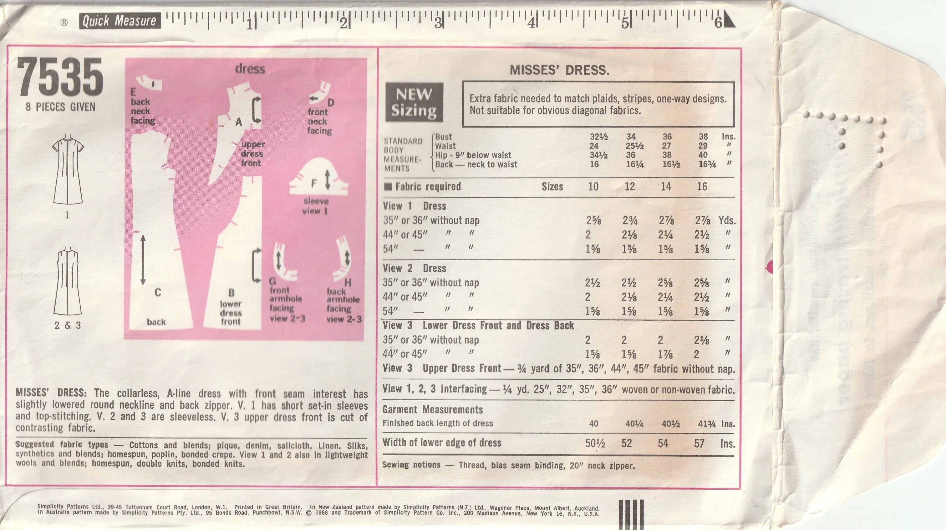 Shift Style Dress - Vintage Pattern - Simplicity 7535 - 1968 - Bust 92 cm