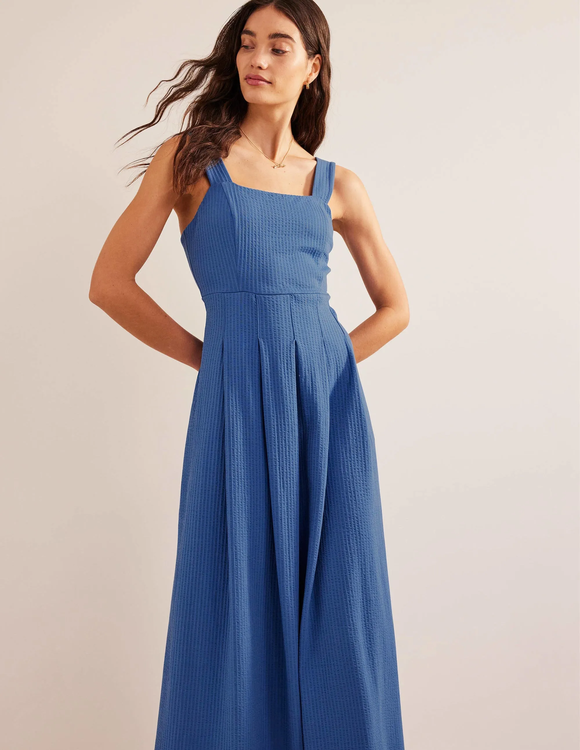 Strappy Seersucker Midi Dress-Porcelain Blue
